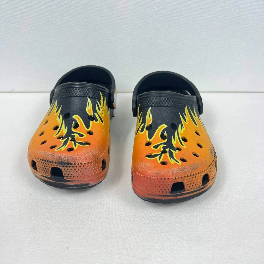 GUC Crocs Classic Flame Clogs Black Orange Fire Print Shoes Toddler Size 12
